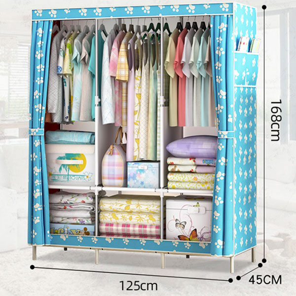 Canvas Wardrobe Organizer Space-Saving Foldable Large Size Clothing Storage Rack - Blue