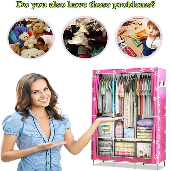 Canvas Wardrobe Organizer Space-Saving Foldable Large Size Clothing Storage Rack - Pink