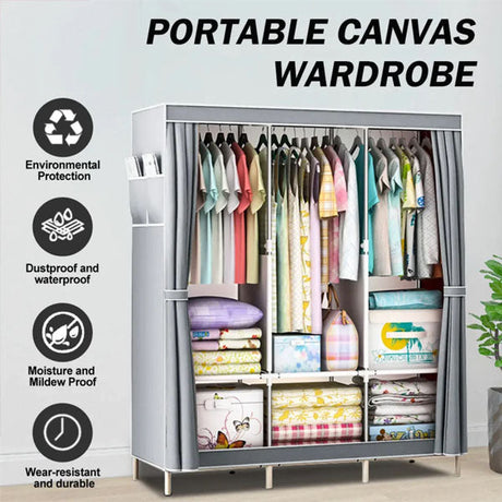 Canvas Wardrobe Organizer Space-Saving Foldable Large Size Clothing Storage Rack - Gray
