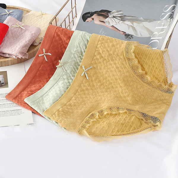 Romantic Lace French Cut Panties Slim Fit Elastic High Waist Underwear for Women - Yellow