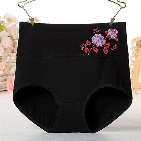 High Elastic Waist Floral Print Girls Panty Brief Women Undergarments Soft Fabric Underwear - Black - Shop N Save