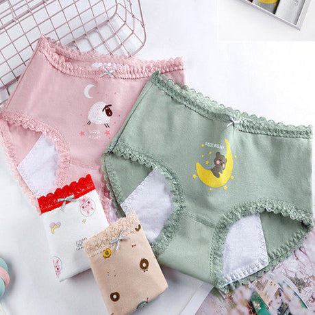 Printed Women Underwear High Waist Elastic Undergarments Lace Patched Breathable Soft Fabric Panty - Light Pink - Shop N Save