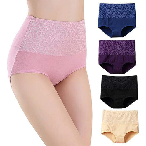 Floral Embossed Print High Elastic Waist Underwear Women Summer Wear Inner Soft Comfy Fabric Women's Panty - Black - Shop N Save