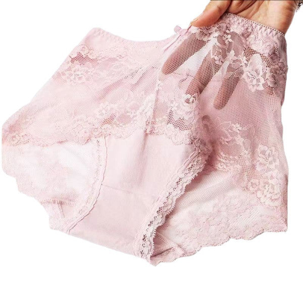Luxurious Lace High Waist Wedding Underwear Soft Cotton Blends Floral Embroidered Bow Patch - Pink - Shop N Save