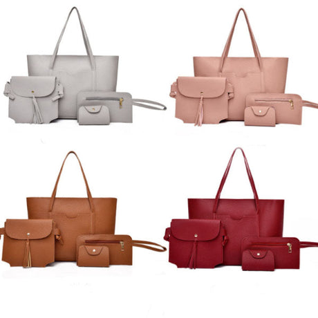 Gray Lychee Pattern PU Leather Tote Bags Set for Women Premium Quality Wide Capacity Easy Handle Zipper Closure 4 Pieces - Shop N Save