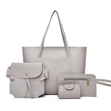 Gray Lychee Pattern PU Leather Tote Bags Set for Women Premium Quality Wide Capacity Easy Handle Zipper Closure 4 Pieces - Shop N Save