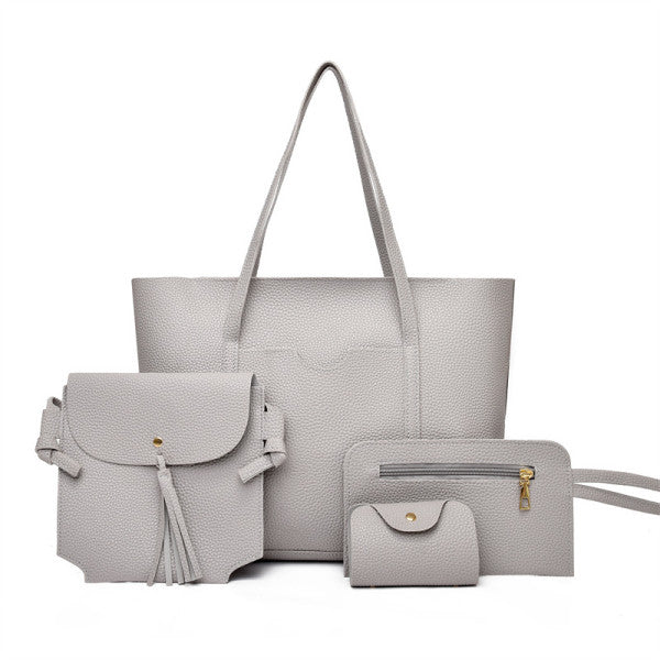 Gray Lychee Pattern PU Leather Tote Bags Set for Women Premium Quality Wide Capacity Easy Handle Zipper Closure 4 Pieces - Shop N Save