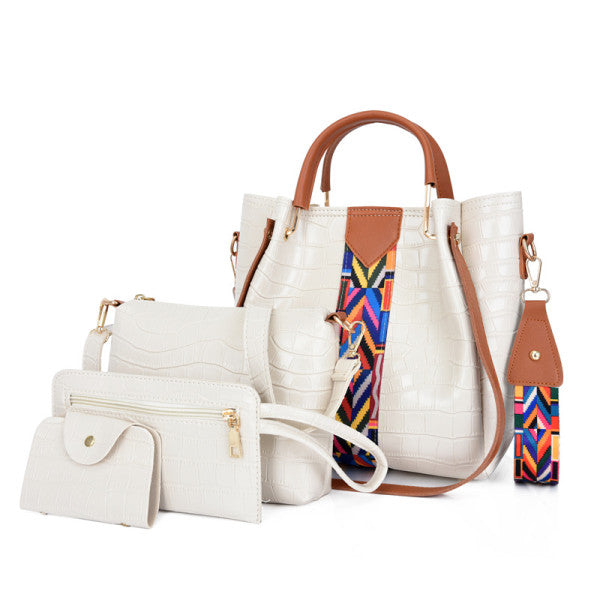 Stylish Crocodile Pattern Faux Leather 4-Piece Women's Handbag Set with Double Handle Zipper Closure White