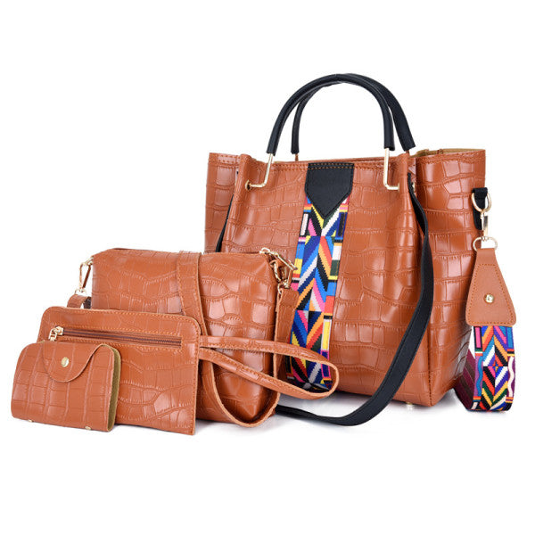 Stylish Crocodile Pattern Faux Leather Women's 4-Piece Handbag Set in Brown- Zippered Closure Double Handles High Quality