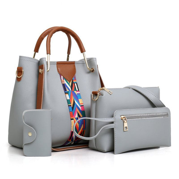 Unleash Your Fashionista with our 4-Piece Gray Synthetic Leather Luxury Handbag Set for Women. Get Maximum Style and Functionality with Double Handles Adjustable Strap and Zipper Closure!