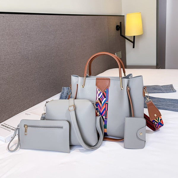 Unleash Your Fashionista with our 4-Piece Gray Synthetic Leather Luxury Handbag Set for Women. Get Maximum Style and Functionality with Double Handles Adjustable Strap and Zipper Closure!