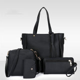 Lychee Pattern Casual Women\'s Faux Leather Handbag Set 4 Pcs Double Handle Zipper Closure Medium Size Black - Shop N Save