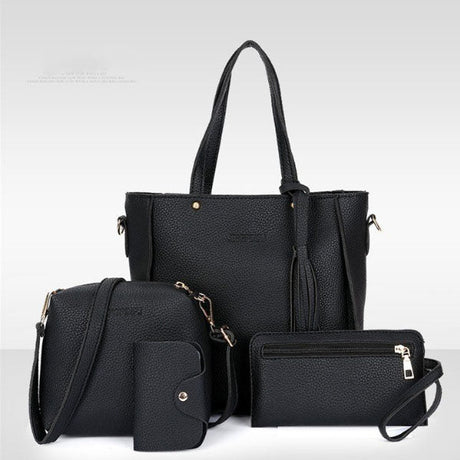Lychee Pattern Casual Women\'s Faux Leather Handbag Set 4 Pcs Double Handle Zipper Closure Medium Size Black - Shop N Save