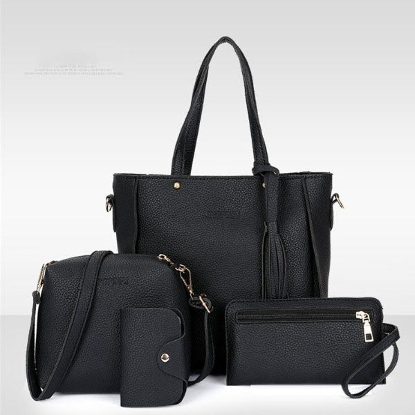 Lychee Pattern Casual Women\'s Faux Leather Handbag Set 4 Pcs Double Handle Zipper Closure Medium Size Black - Shop N Save