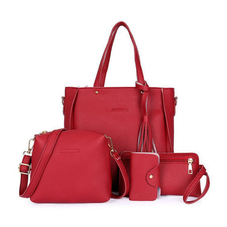 Stylish Wine Red Faux Leather Bucket Shape 4-Piece Women\'s Handbag Set Zipper Closure Double Handles Ideal for Casual Style - Shop N Save