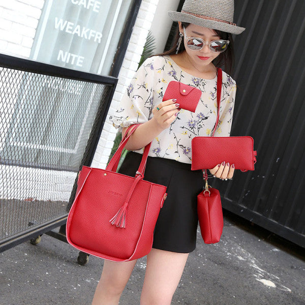 Stylish Wine Red Faux Leather Bucket Shape 4-Piece Women\'s Handbag Set Zipper Closure Double Handles Ideal for Casual Style - Shop N Save