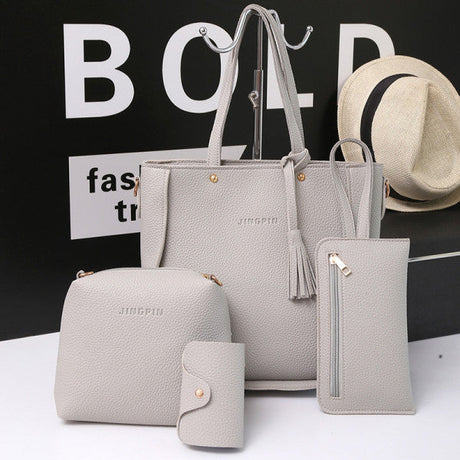 Stylish Faux Leather Women's Handbag Set, Double Handle, Zipper Closure, Medium Size, 4-Pcs Bucket Shape Bags Set in Gray