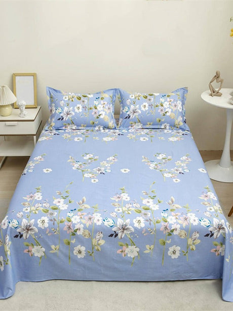 Elegant Floral Printed Elastic Easy Wear Bed Sheet Cover with 2 Pcs Pillow Cover Set - 150 x 200cm - Blue