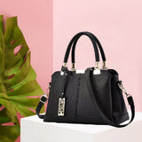 Litchi Textured Zip Closure Double Handle Women Handbag - Black