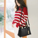 Litchi Textured Zip Closure Double Handle Women Handbag - Black