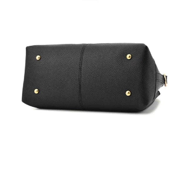 Litchi Textured Zip Closure Double Handle Women Handbag - Black