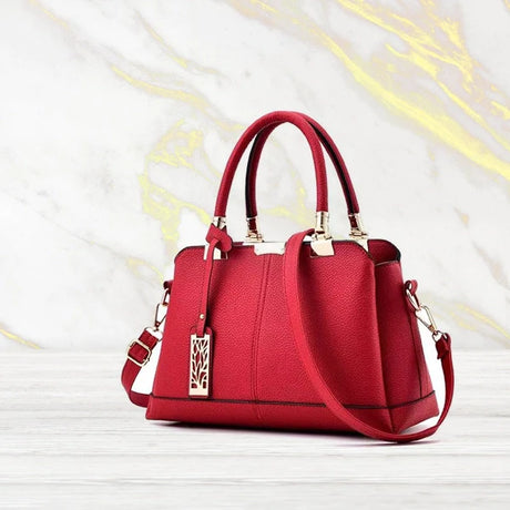 Litchi Textured Zip Closure Double Handle Women Handbag - Wine Red - Shop N Save