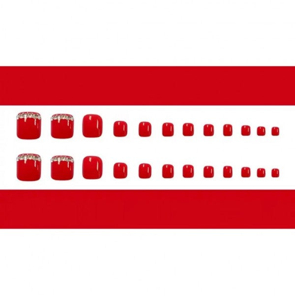 24 Pieces Rhinestone Full Cover Shining Fake Nail Set - Red