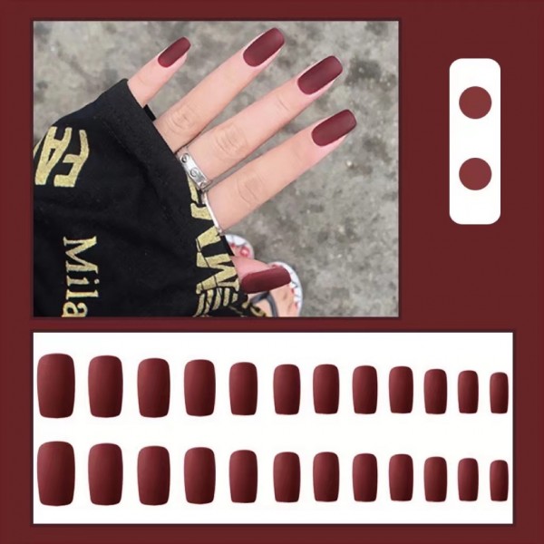 24 Pieces Matte Reusable Long Fake Nails Set - Wine Red