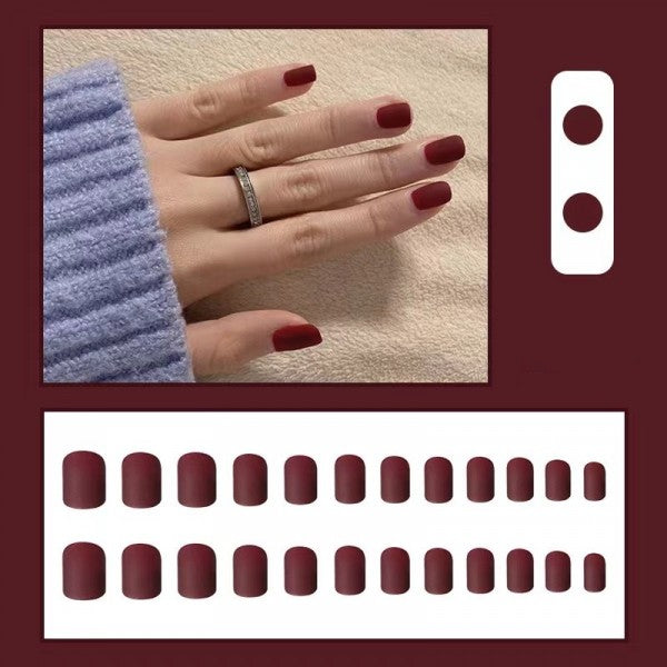 24 Pieces Matte Reusable Short Fake Nails Set With Glue - Wine Red