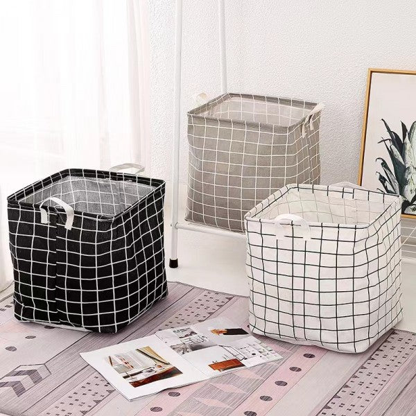 Foldable Home Lattice Cotton Linen Laundry Storage Basket