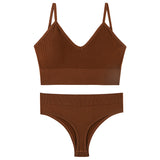Seamless Bra Set Low Waist Panties Wire Free Bra Bralette Lingerie Brassiere Cotton - Brown