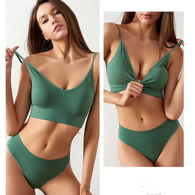 Seamless Bra Set Low Waist Panties Wire Free Bra Bralette Lingerie Brassiere Cotton - Green