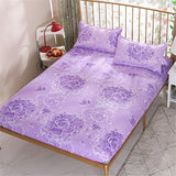 Floral Printed Elastic Easy Fitted Quality Fabric Bed Sheet Cover with 2 Pieces Pillow Covers - 150 X 200cm - Purple